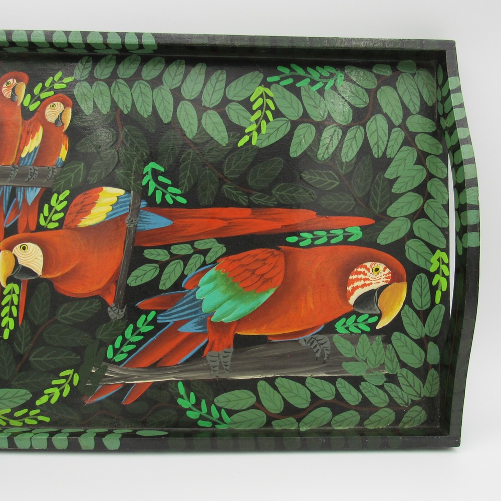 Vtg Parrot Macaw Folk Art Wood Serving Tray Hand Painted Tropical Tiki Signed - Picture 4 of 8